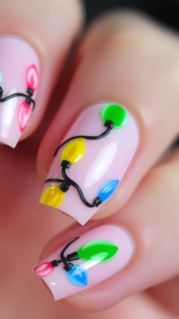 Light pink nails with colorful Christmas lights design.